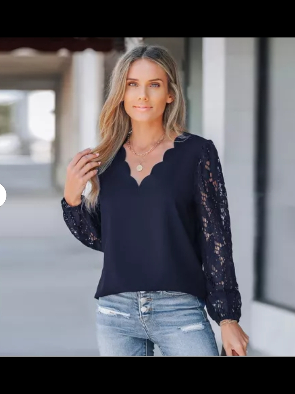 Cupshe Navy Lace Sleeve Blouse Women’s Medium Elegant Long Sleeve Scalloped Nec